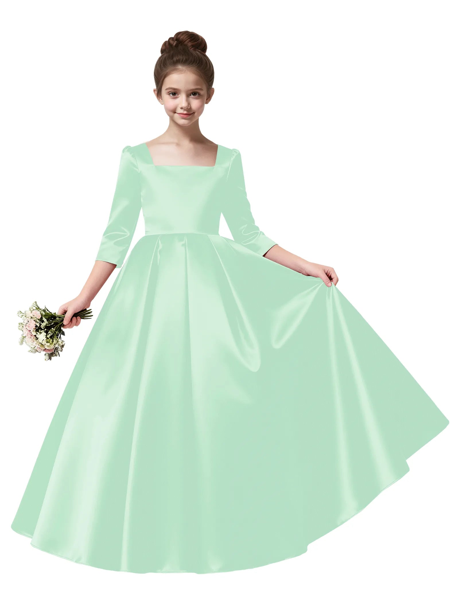 Girls Satin Long Sleeve Flower Girl Dress with Bow