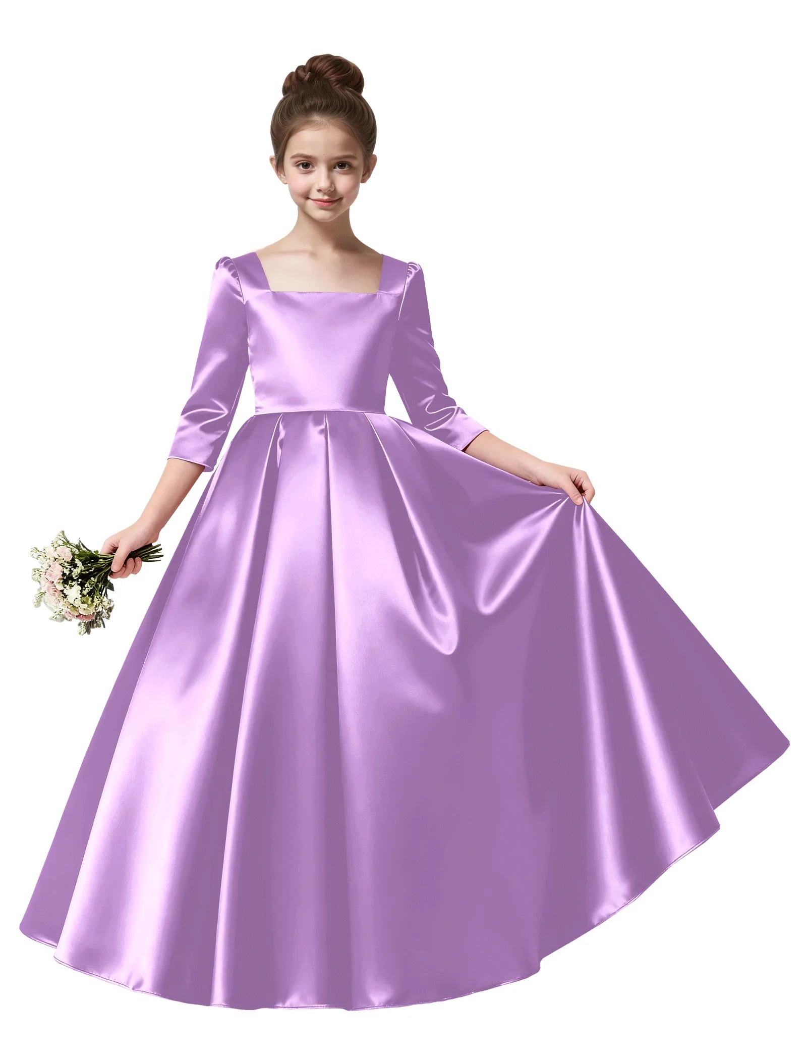 Girls Satin Long Sleeve Flower Girl Dress with Bow
