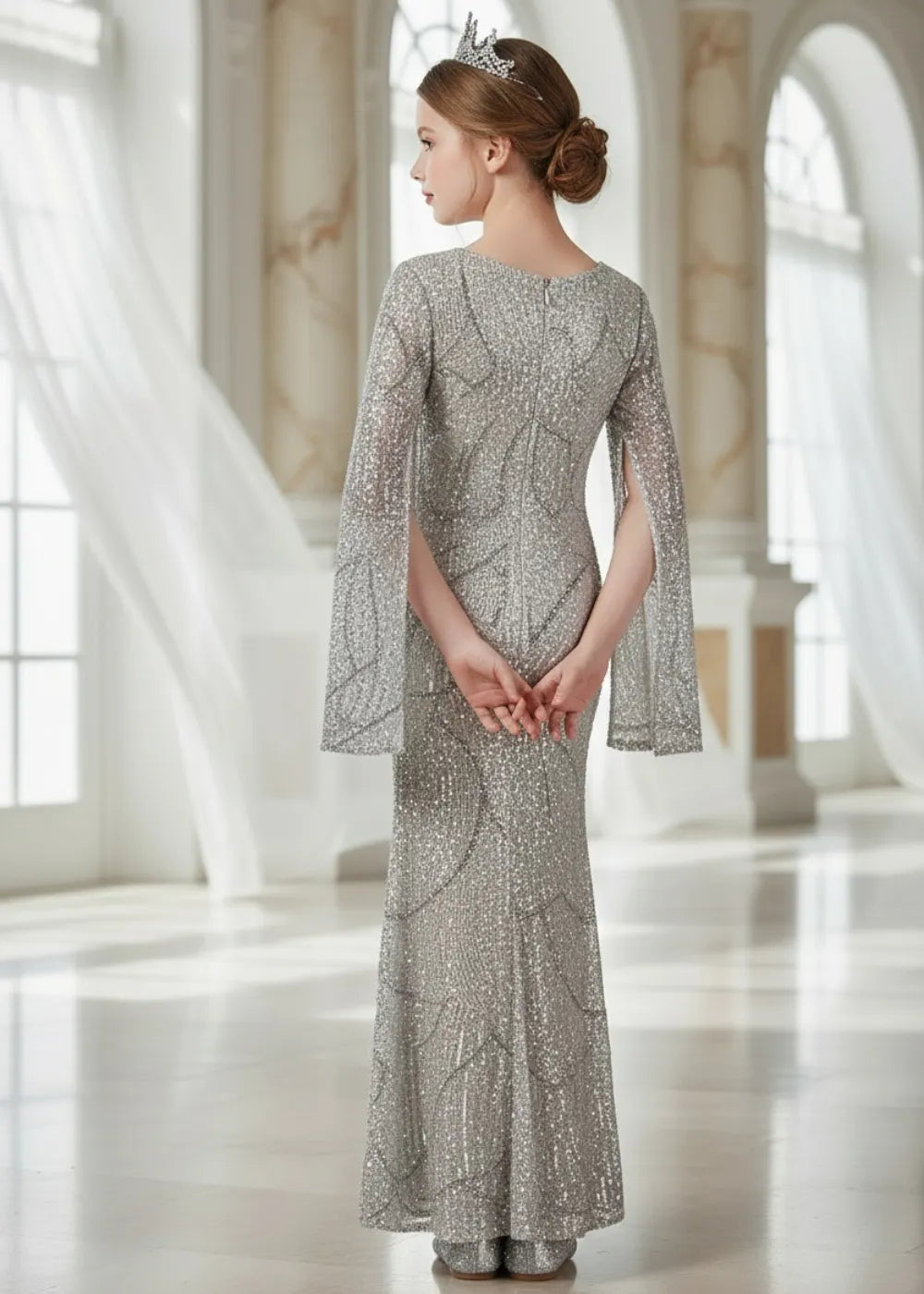 Eternal Shine Long Sleeve Glitter Evening Dress