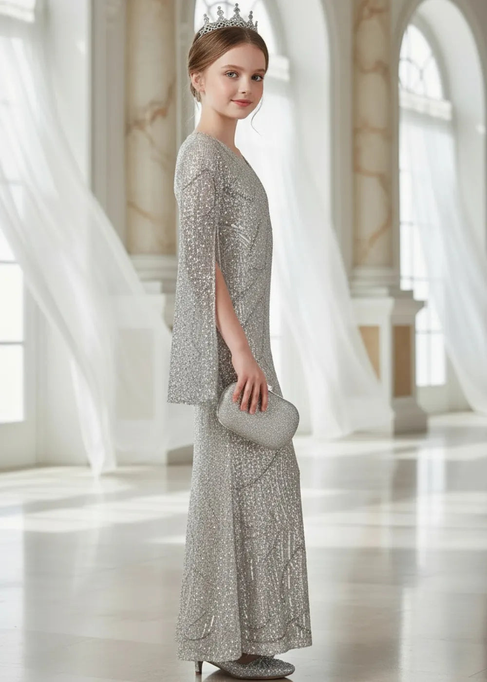 Eternal Shine Long Sleeve Glitter Evening Dress