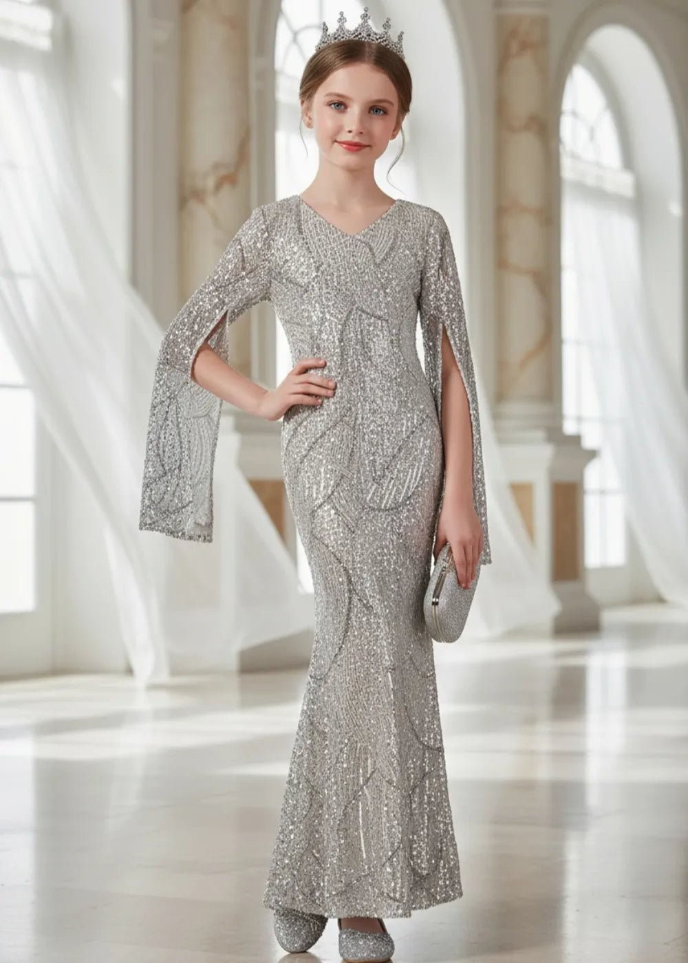 Eternal Shine Long Sleeve Glitter Evening Dress