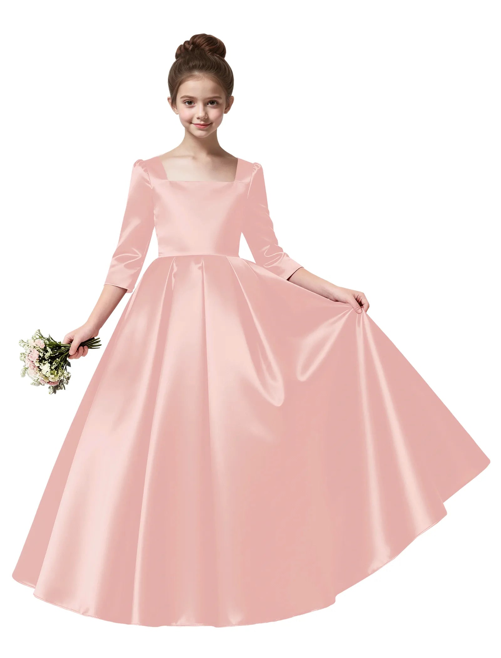 Girls Satin Long Sleeve Flower Girl Dress with Bow