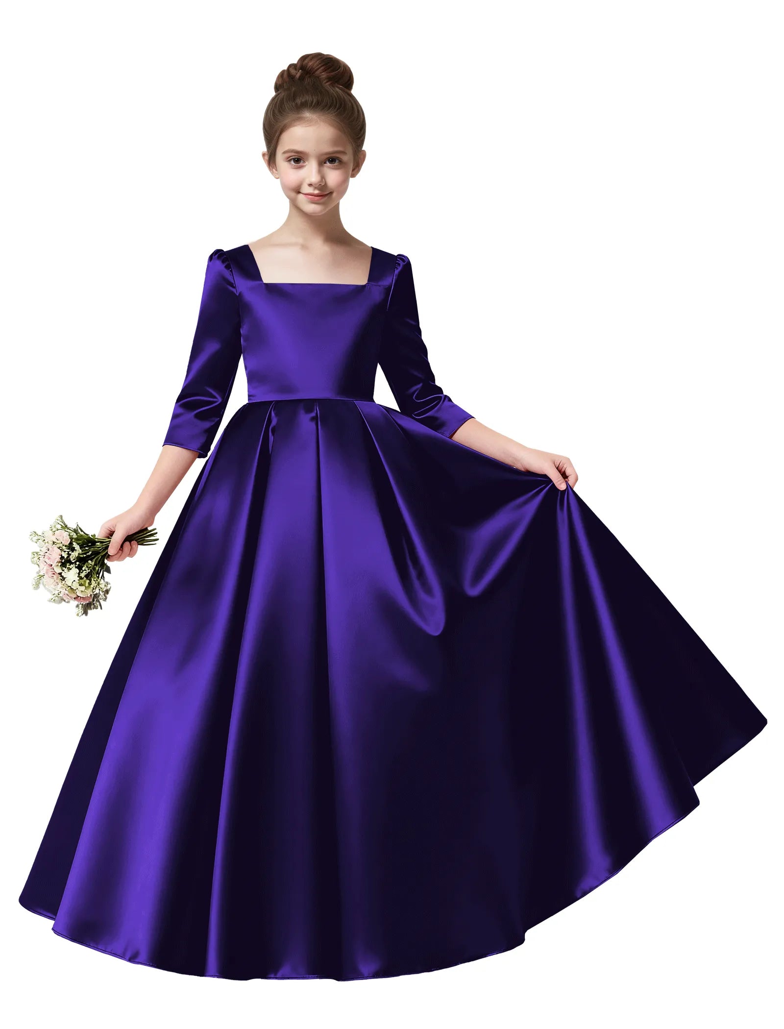 Girls Satin Long Sleeve Flower Girl Dress with Bow