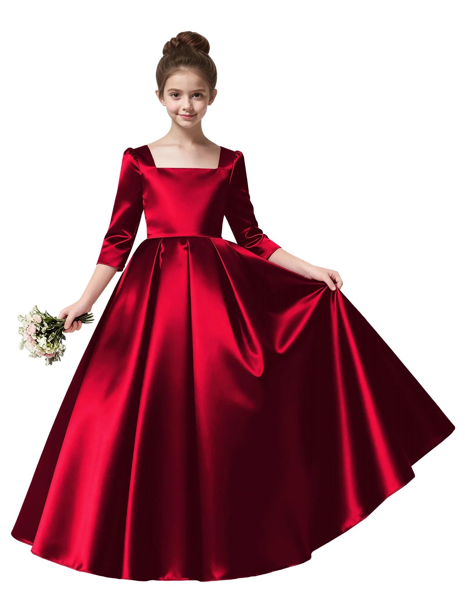 Girls Satin Long Sleeve Flower Girl Dress with Bow