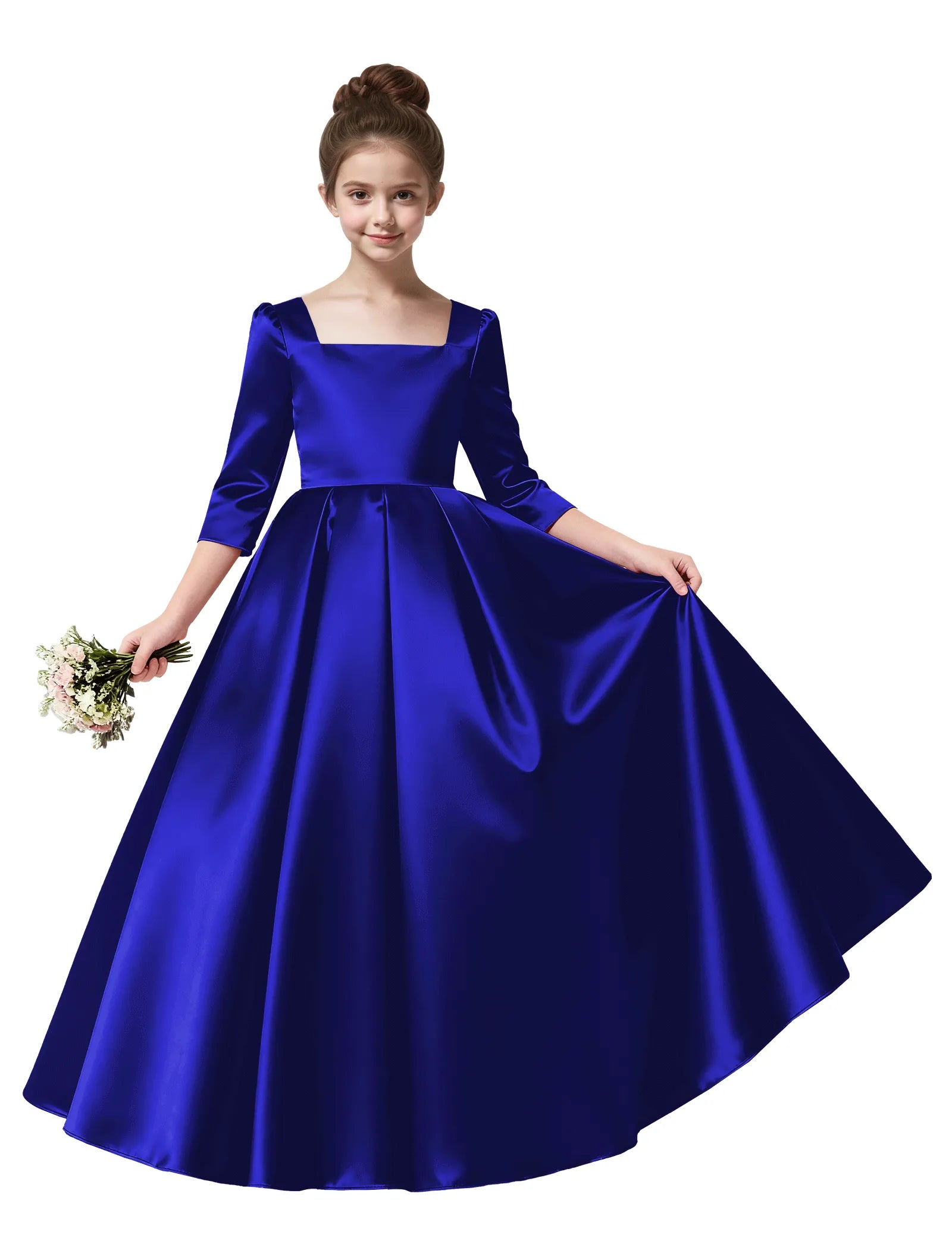 Girls Satin Long Sleeve Flower Girl Dress with Bow