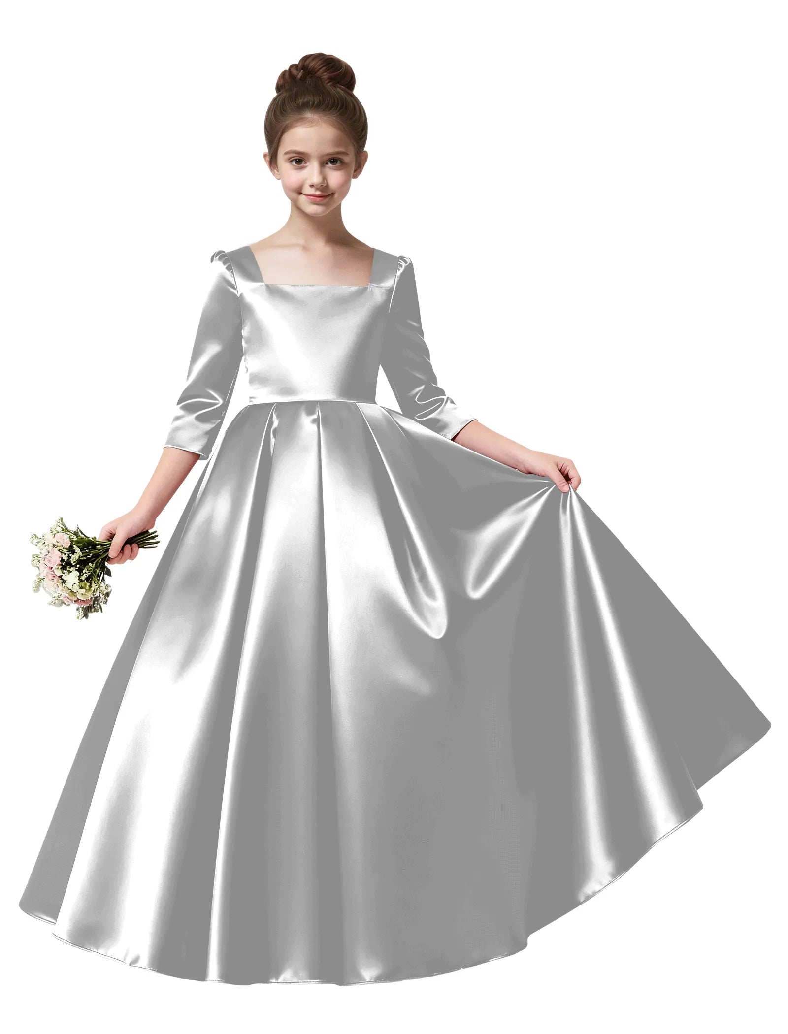 Girls Satin Long Sleeve Flower Girl Dress with Bow