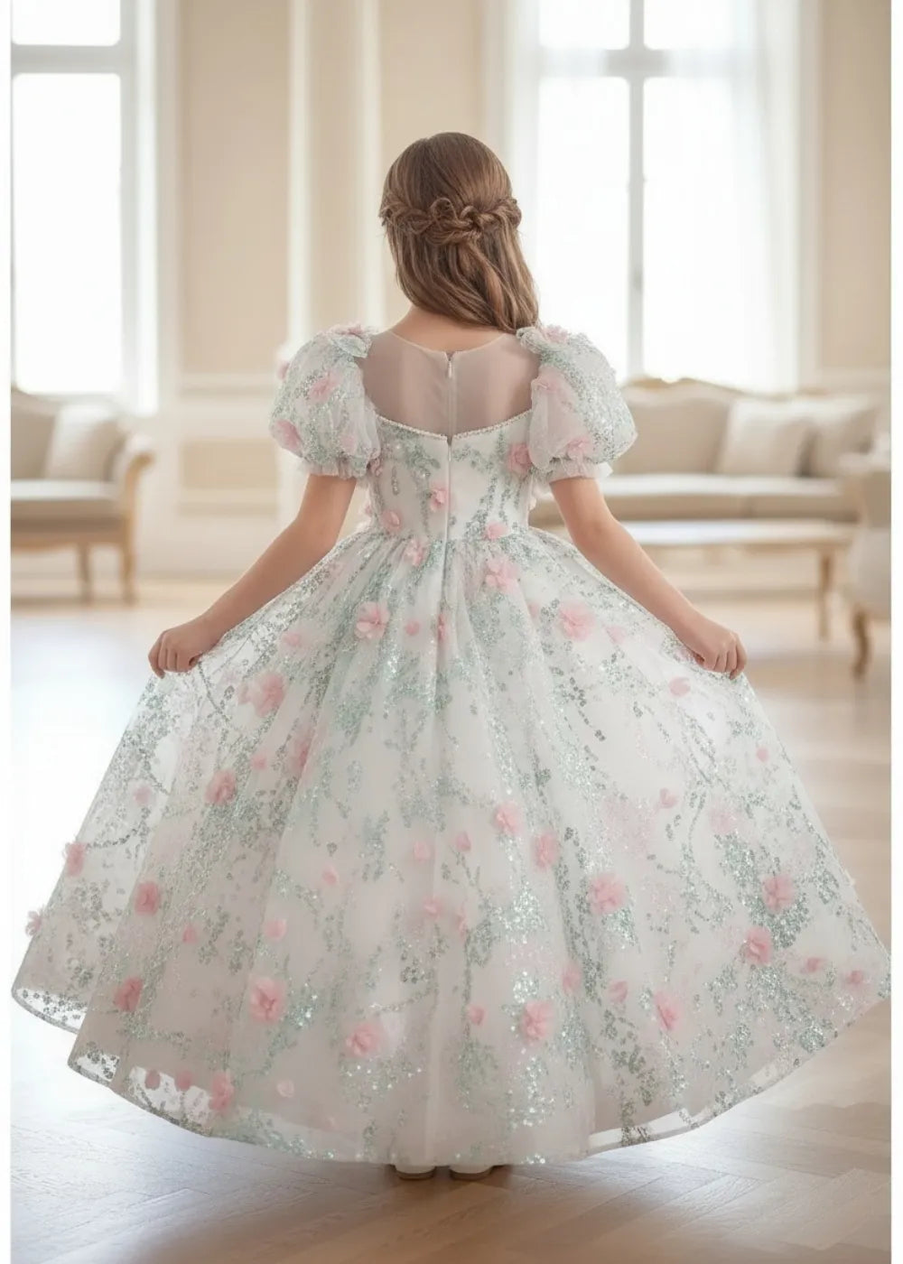 Glitter Floral Tulle Flower Girl Dress for Girls