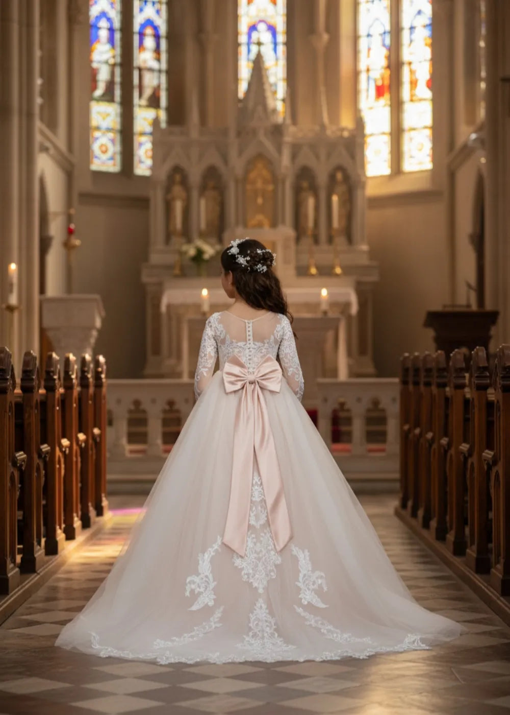 Lace Long Sleeve First Communion Dress for Girls