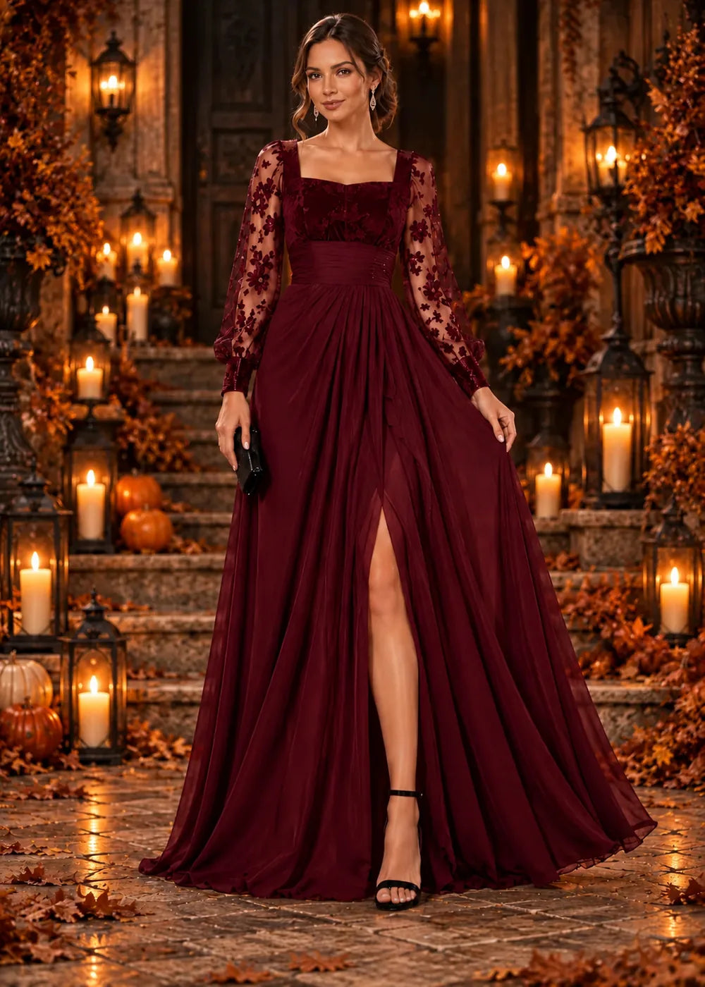 Front view of the burgundy evening gown with a square neckline, floral-lace sleeves and a slit chiffon skirt.