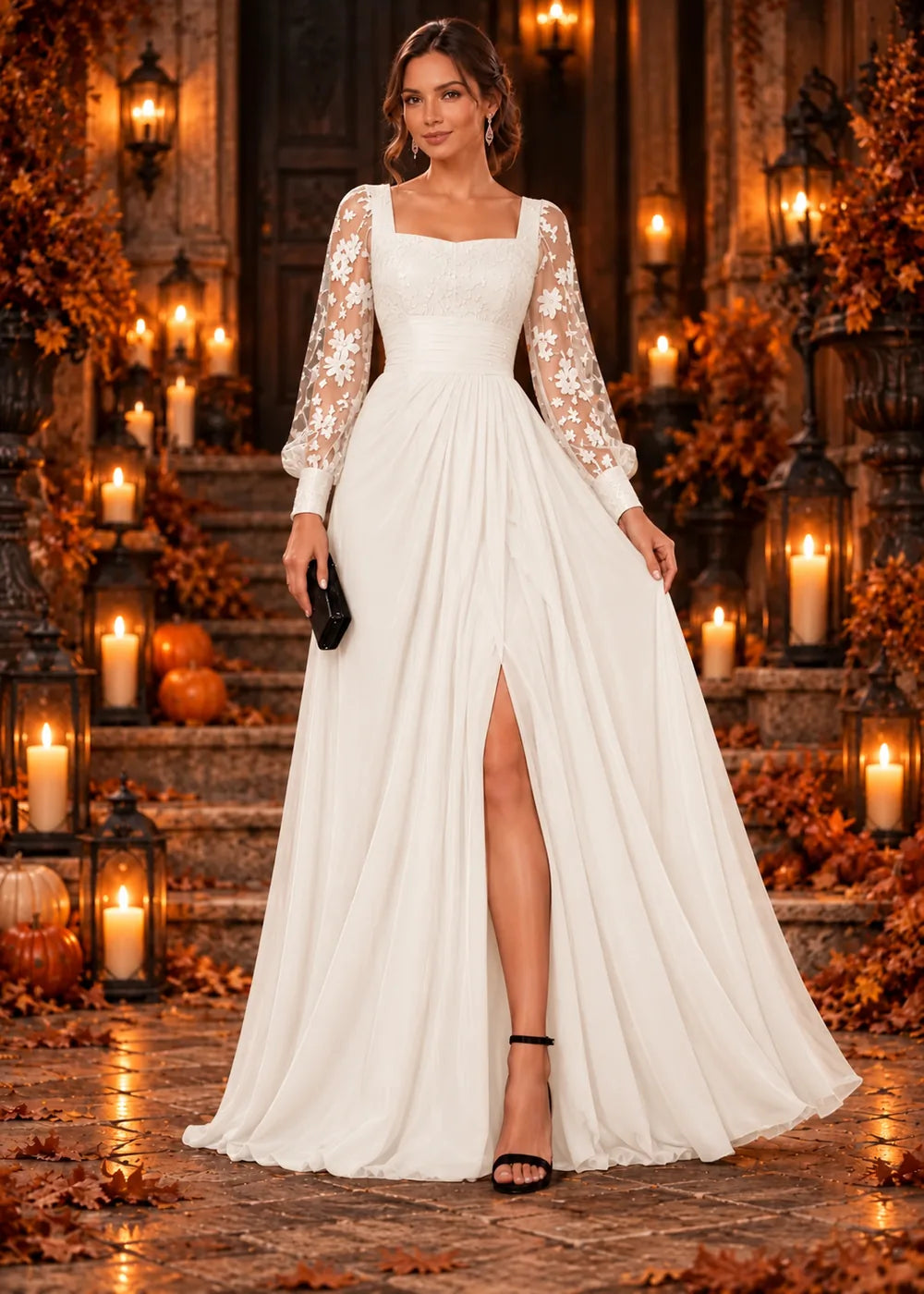 Front view of the ivory evening gown with a square neckline, floral-lace sleeves and a slit chiffon skirt.