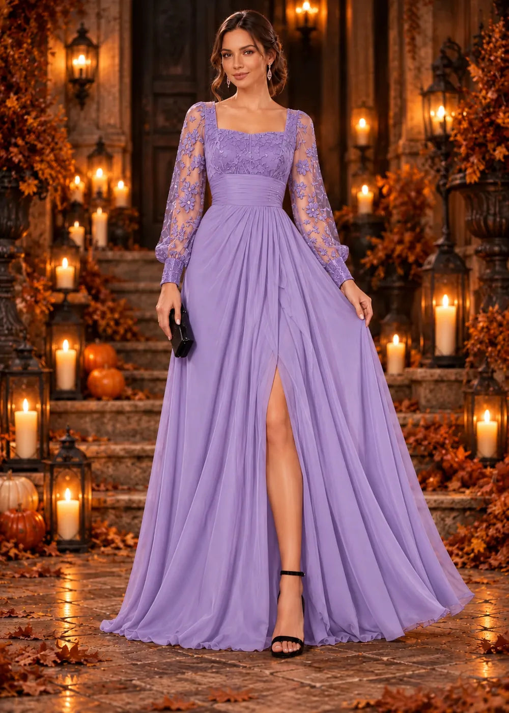 Front view of the lavender evening gown with a square neckline, floral-lace sleeves and a slit chiffon skirt.