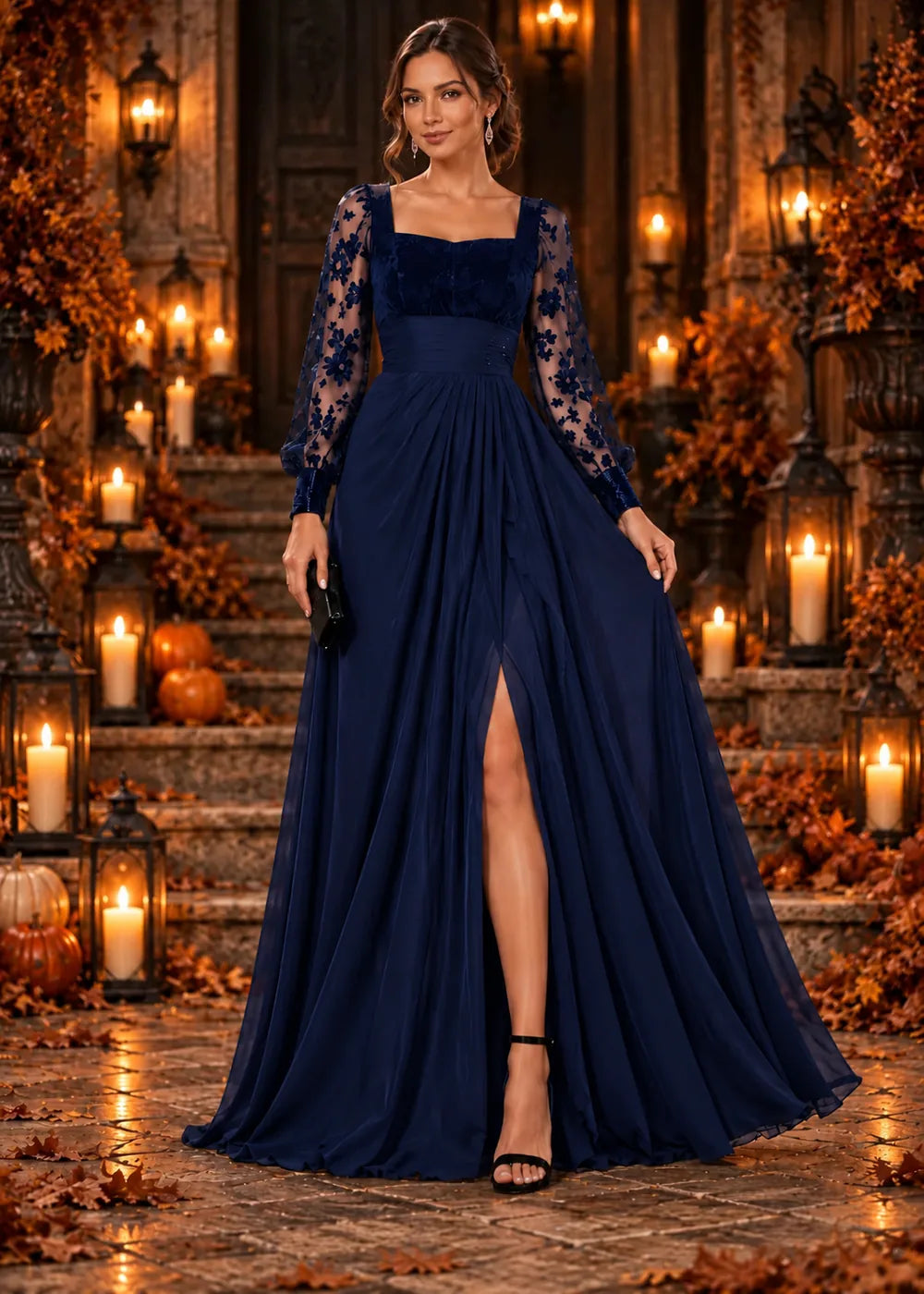 Front view of the navy blue evening gown with a square neckline, floral-lace sleeves and a slit chiffon skirt.