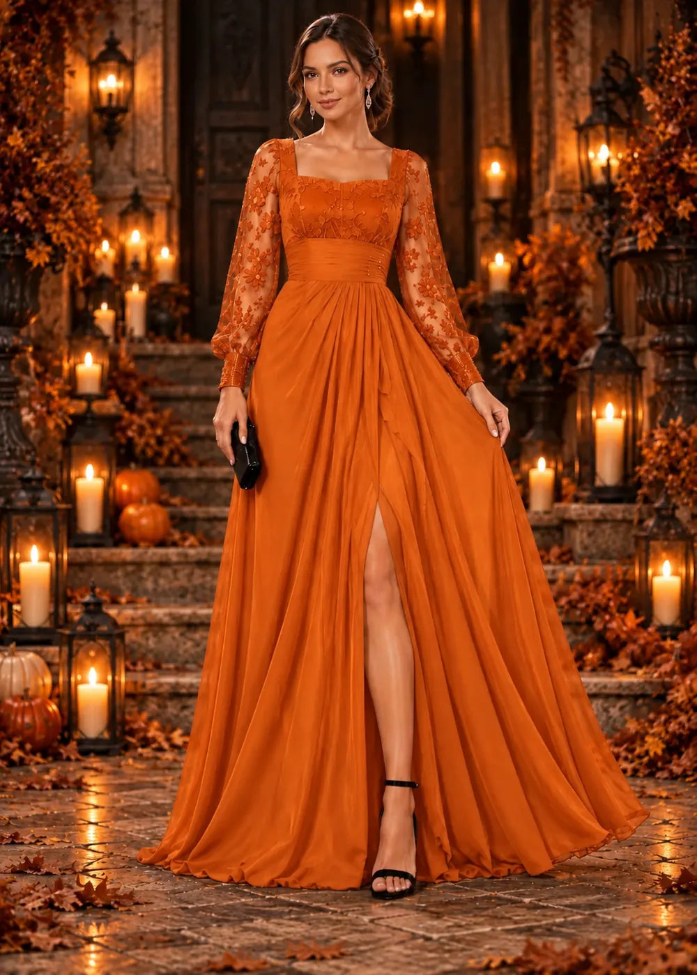Front view of the pumpkin orange evening gown with a square neckline, floral-lace sleeves and a slit chiffon skirt.