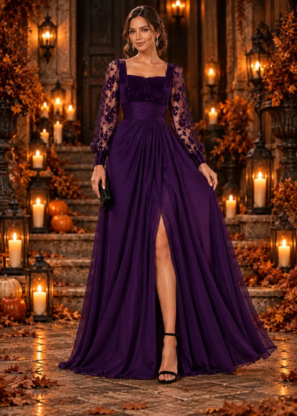 Front view of the royal purple evening gown with a square neckline, floral-lace sleeves and a slit chiffon skirt.