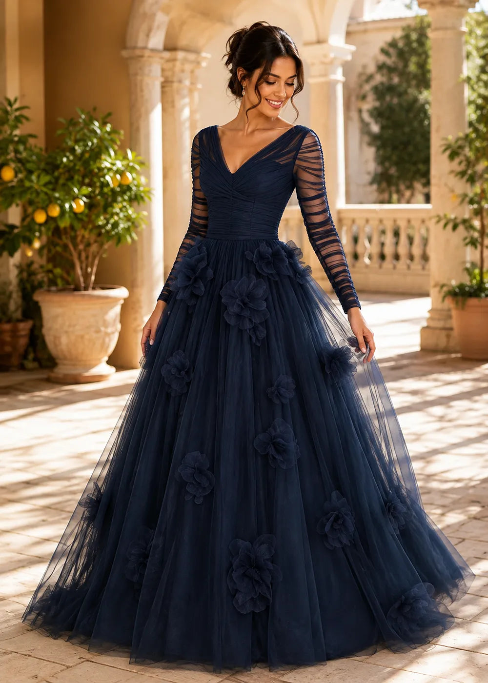 Timeless V Neck Long Sleeve Formal Tulle Dress
