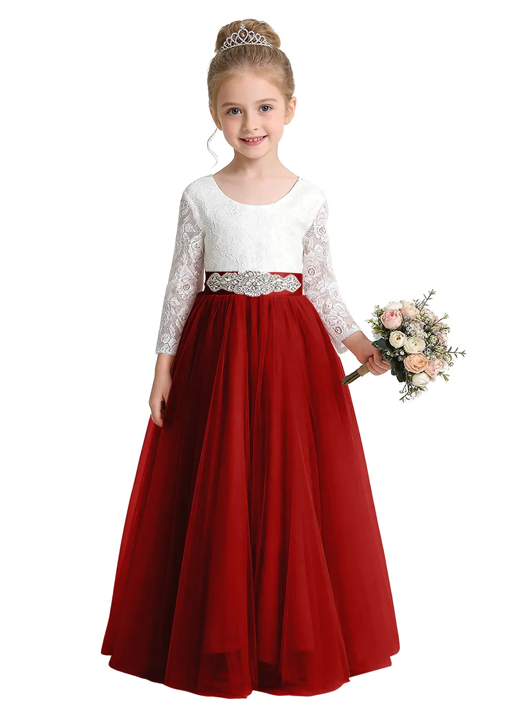 V-Back Lace Flower Girl Gown with Bow Sash
