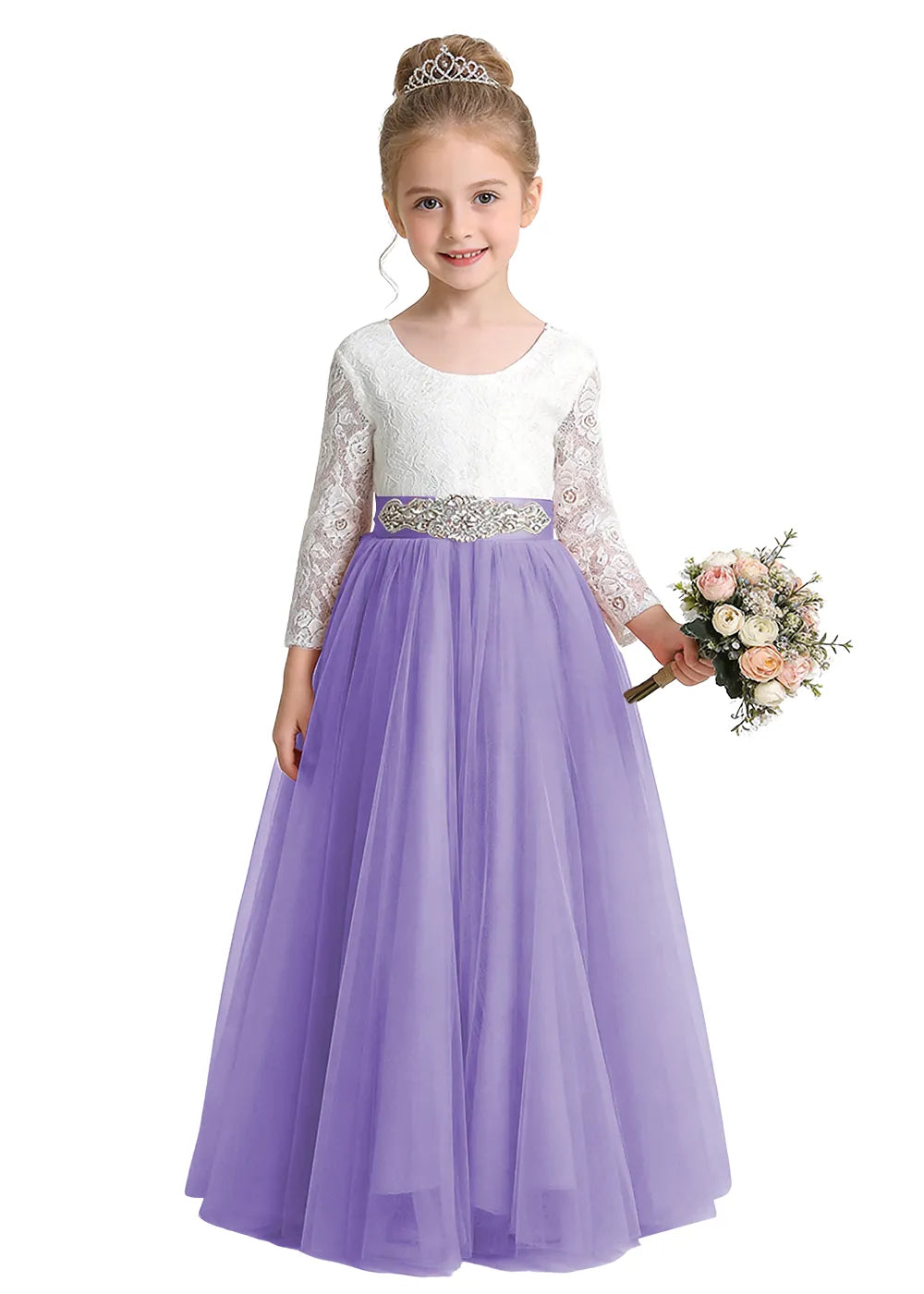 V-Back Lace Flower Girl Gown with Bow Sash