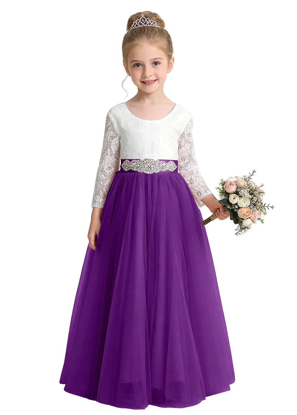 V-Back Lace Flower Girl Gown with Bow Sash