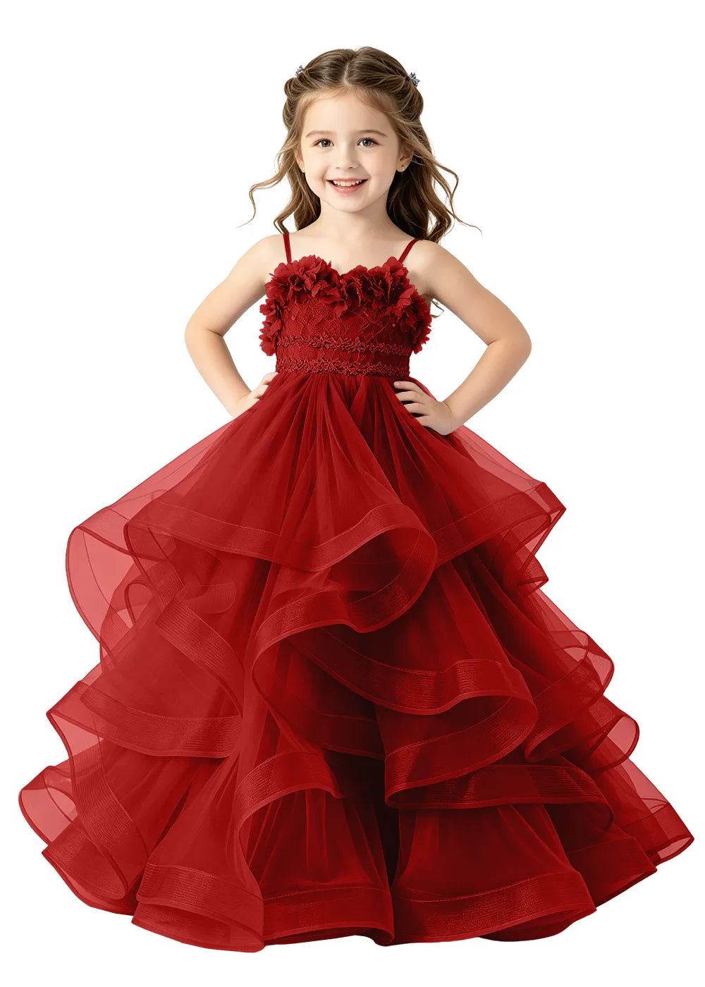 3D Floral Ruffle Tulle Girls Ball Gown