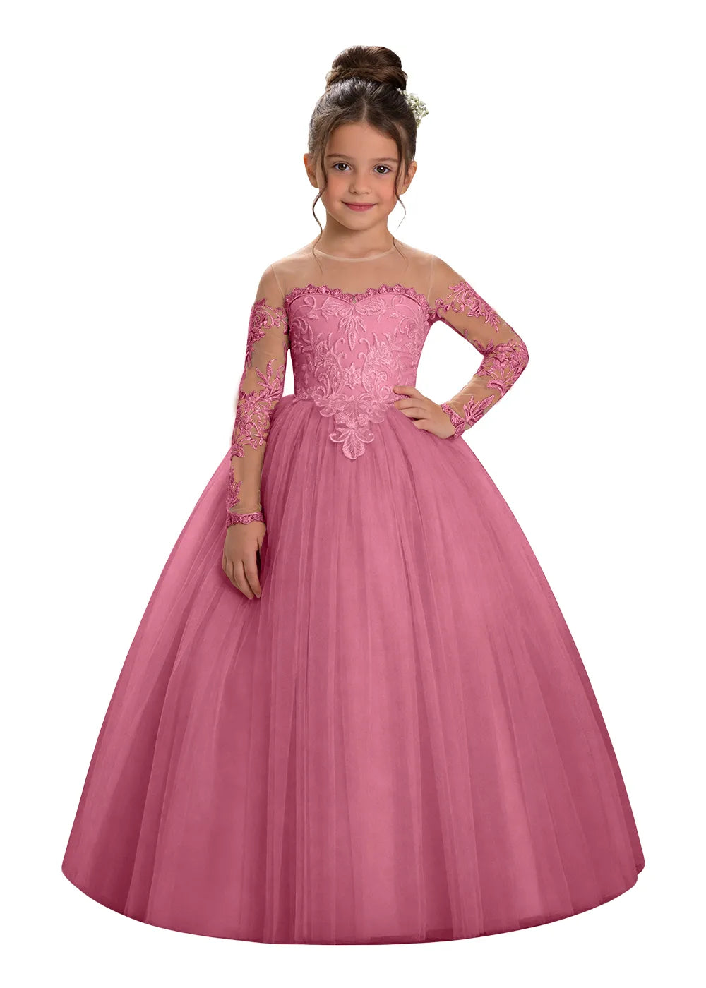 Long Sleeve Illusion Lace Tulle Flower Girl Gown