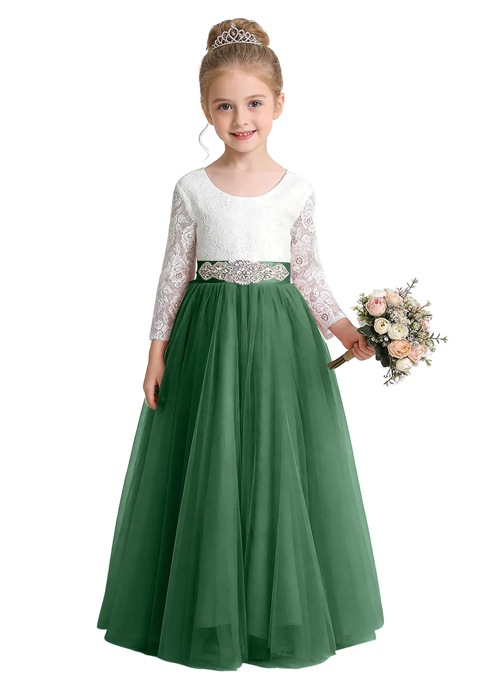 V-Back Lace Flower Girl Gown with Bow Sash