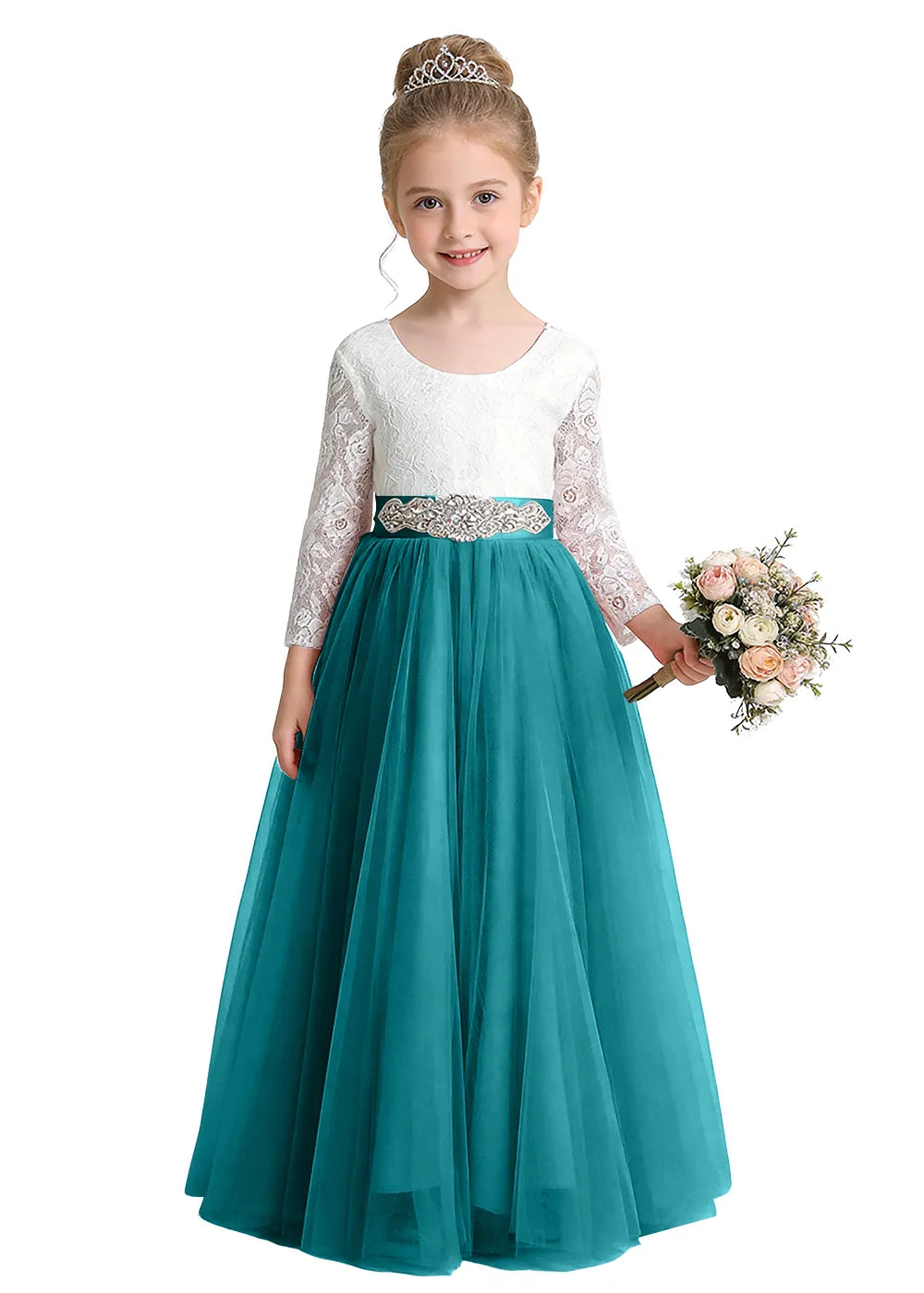 V-Back Lace Flower Girl Gown with Bow Sash