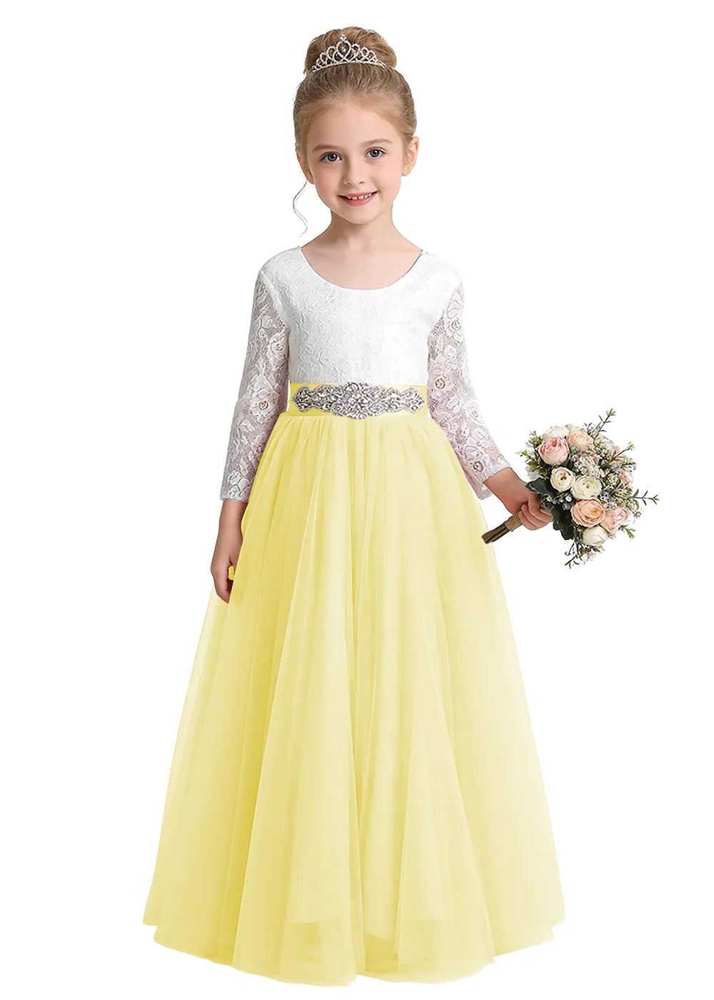 V-Back Lace Flower Girl Gown with Bow Sash