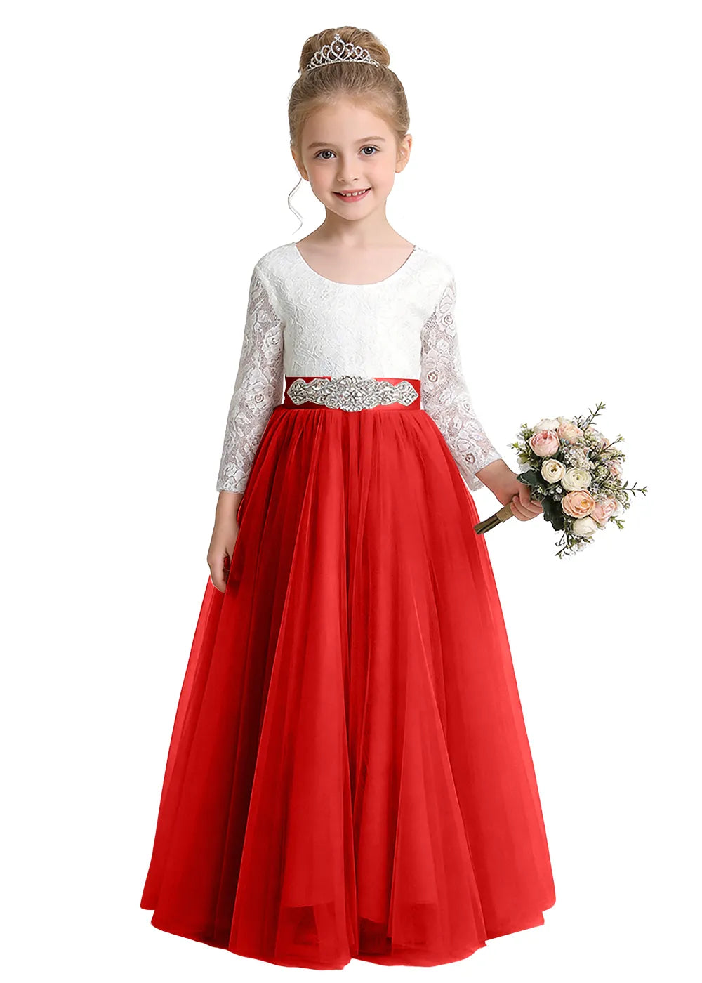V-Back Lace Flower Girl Gown with Bow Sash
