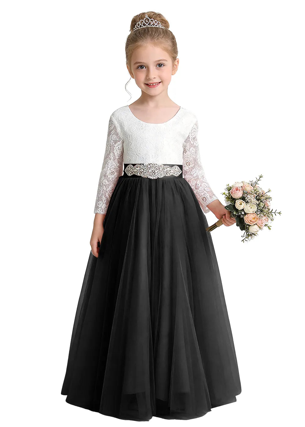 V-Back Lace Flower Girl Gown with Bow Sash