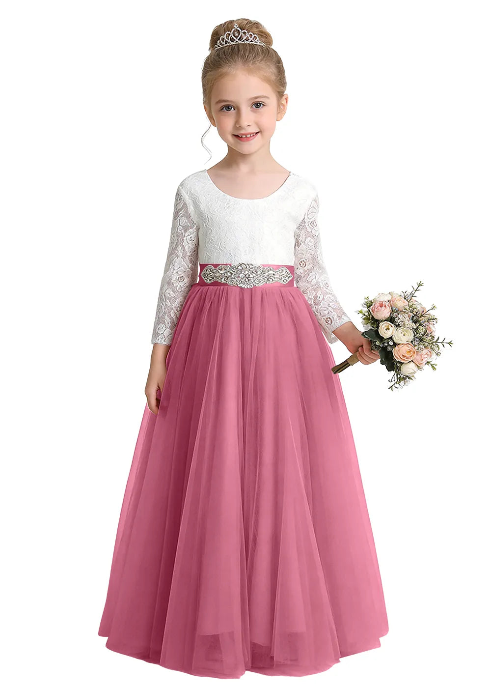 V-Back Lace Flower Girl Gown with Bow Sash