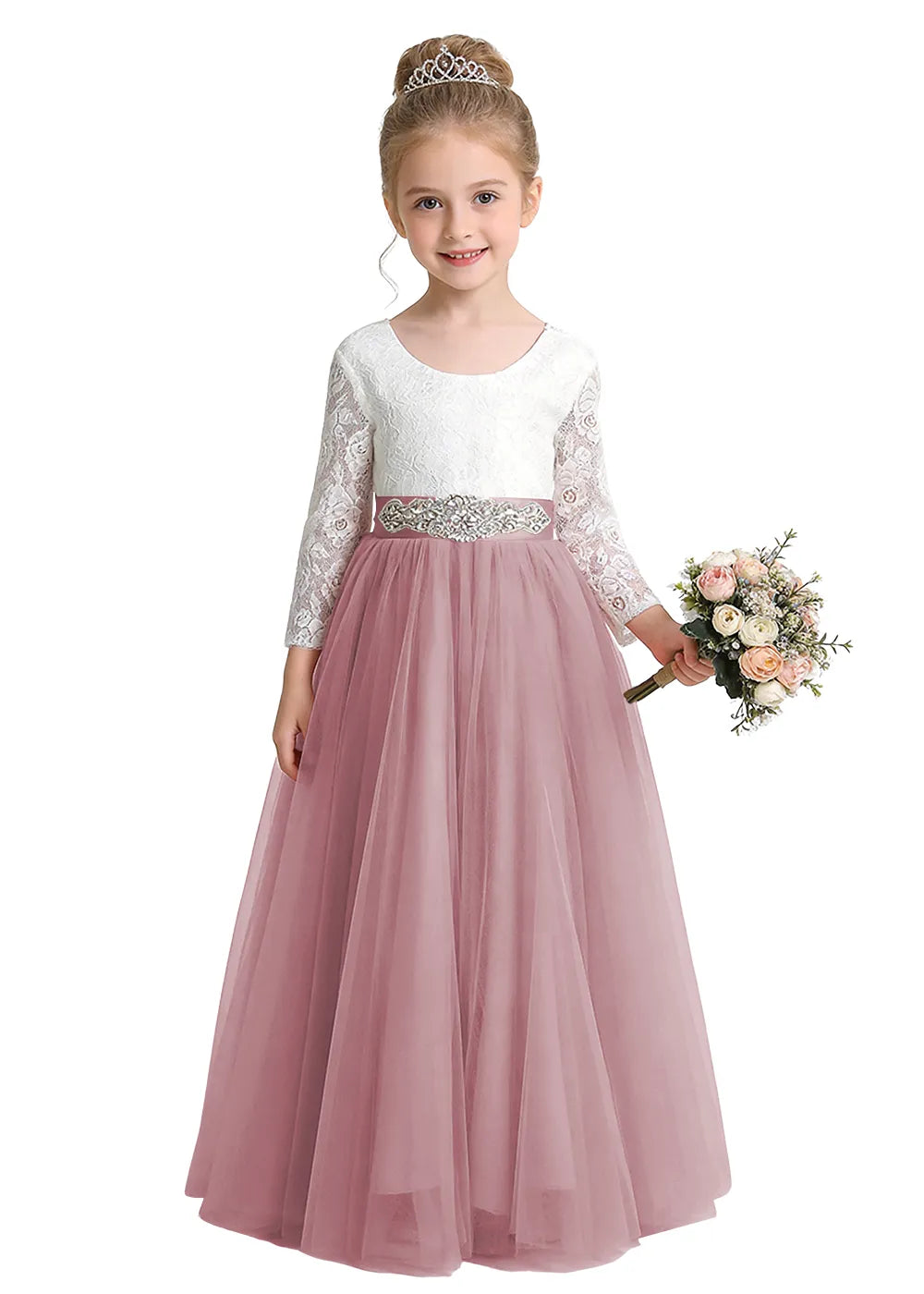 V-Back Lace Flower Girl Gown with Bow Sash