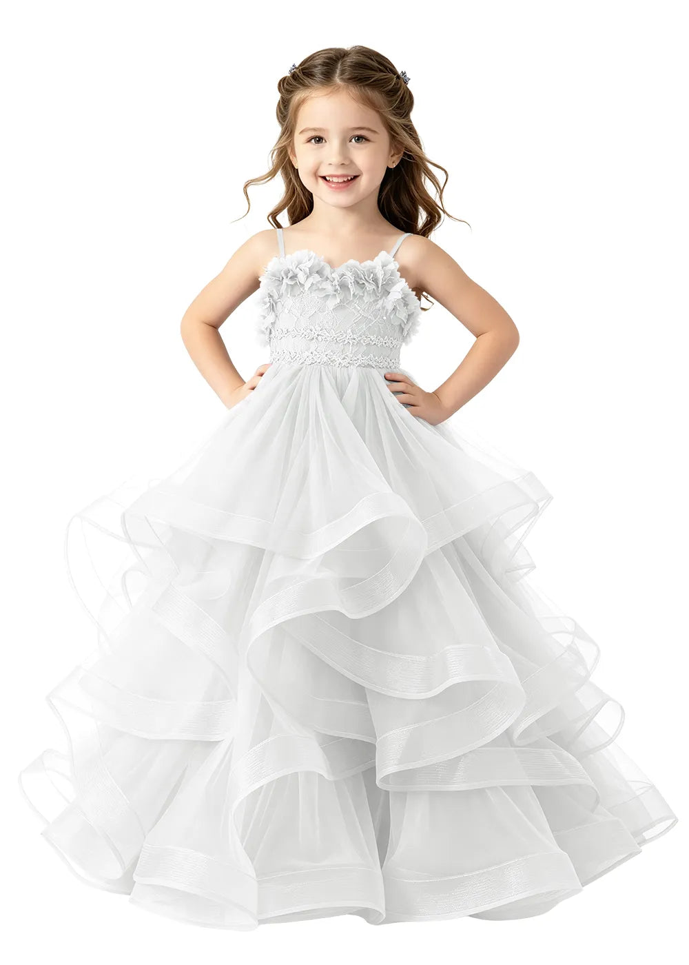 3D Floral Ruffle Tulle Girls Ball Gown