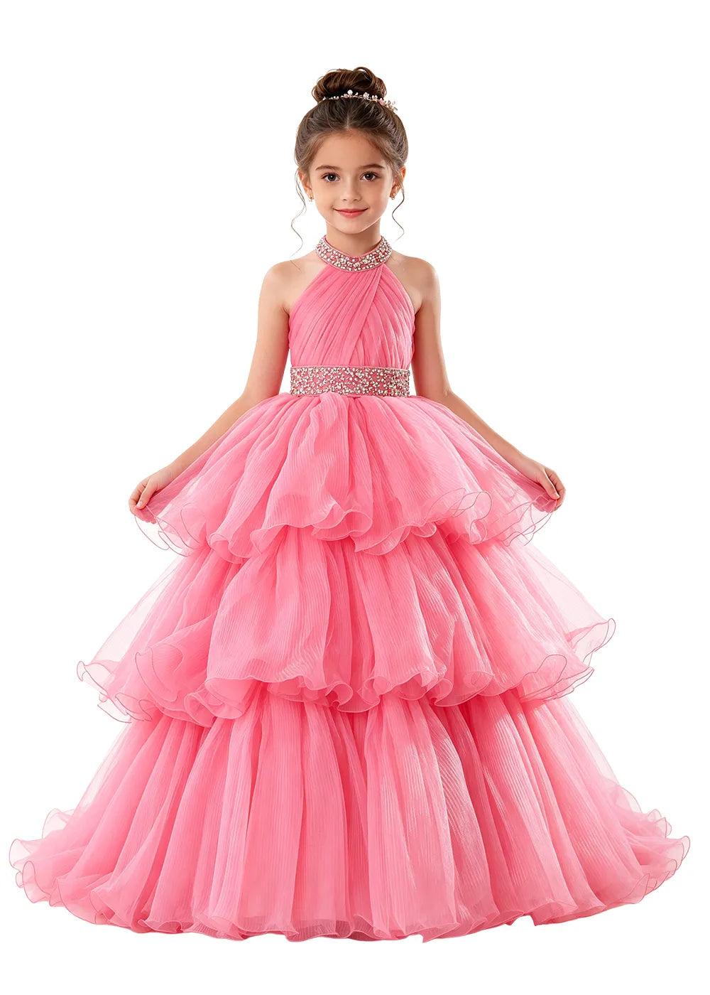 Beaded Halter Tiered Tulle Girls Pageant Gown