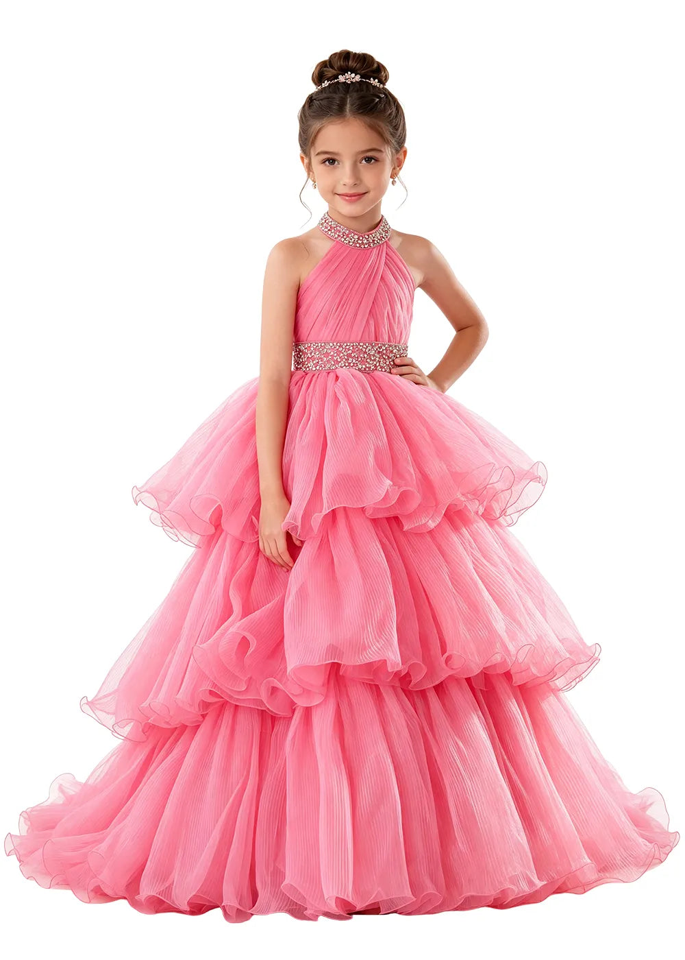 Beaded Halter Tiered Tulle Girls Pageant Gown