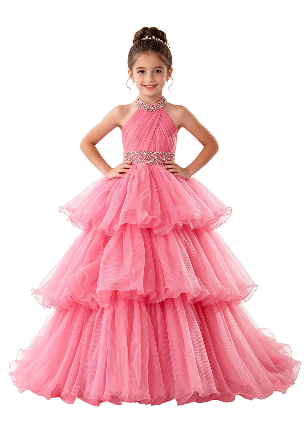 Beaded Halter Tiered Tulle Girls Pageant Gown