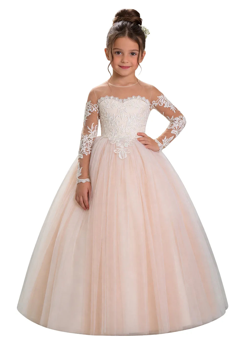 Long Sleeve Illusion Lace Tulle Flower Girl Gown