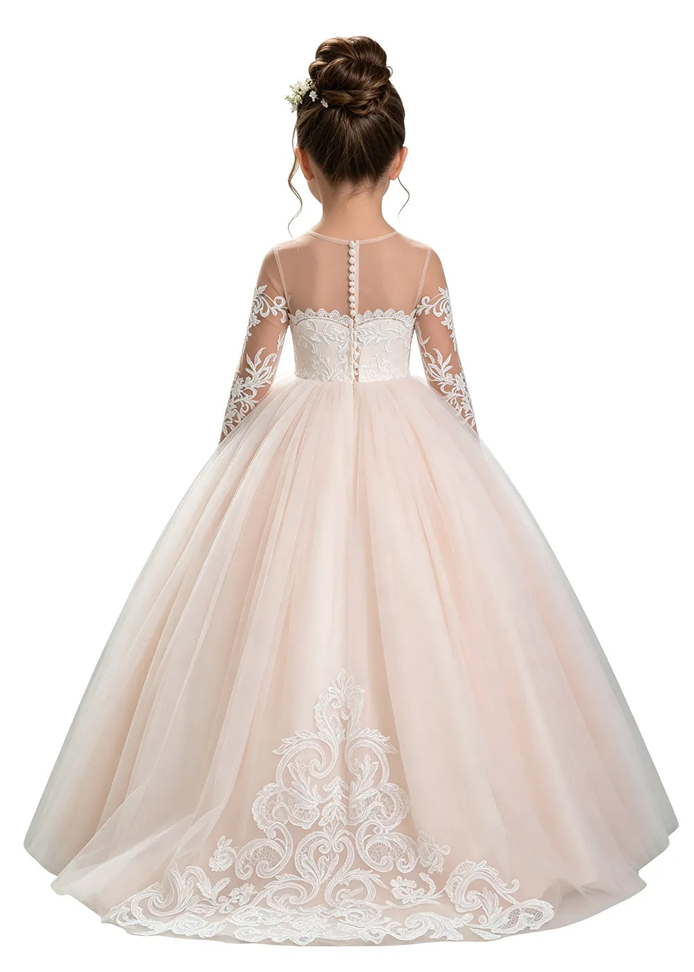 Long Sleeve Illusion Lace Tulle Flower Girl Gown