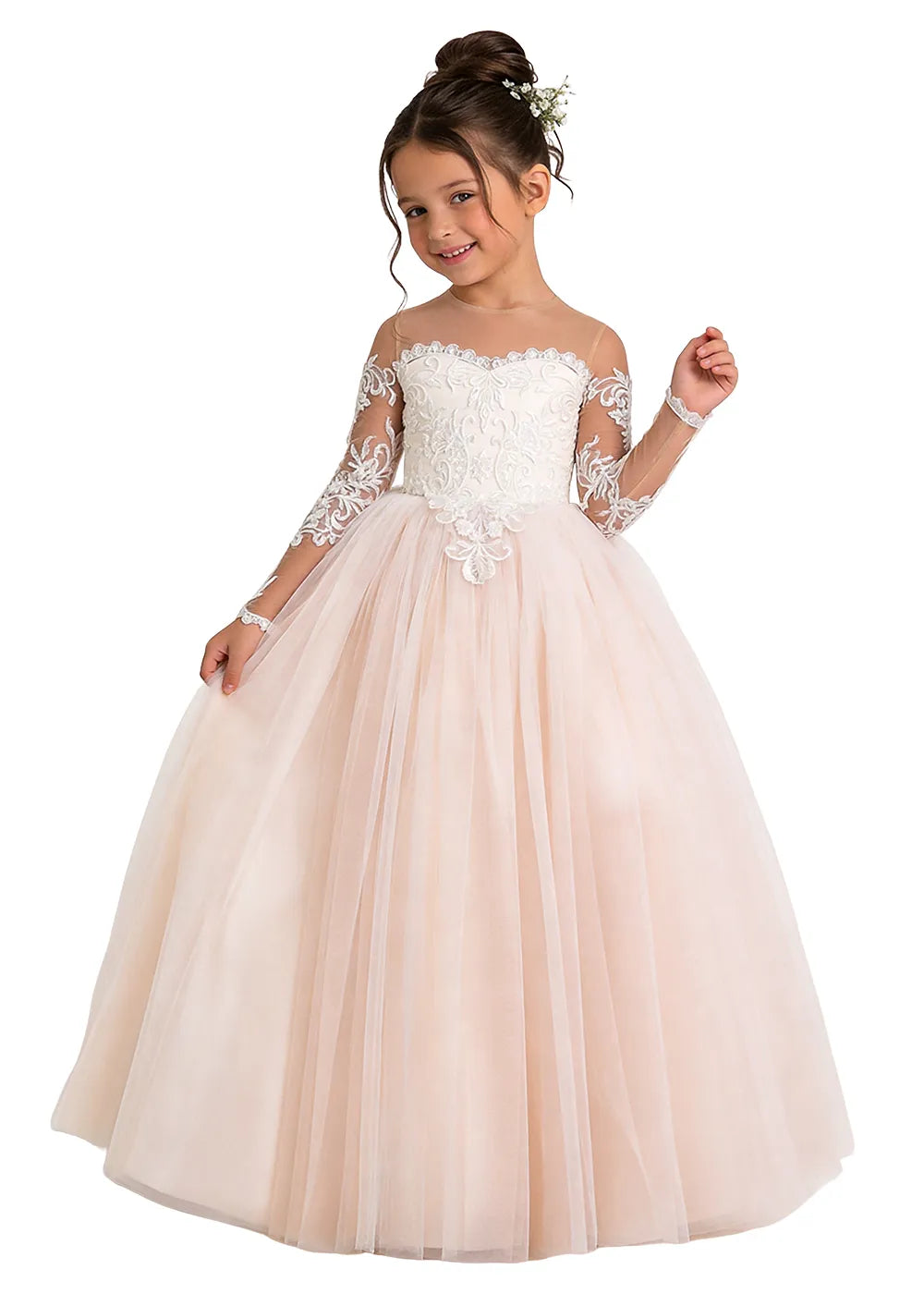 Long Sleeve Illusion Lace Tulle Flower Girl Gown