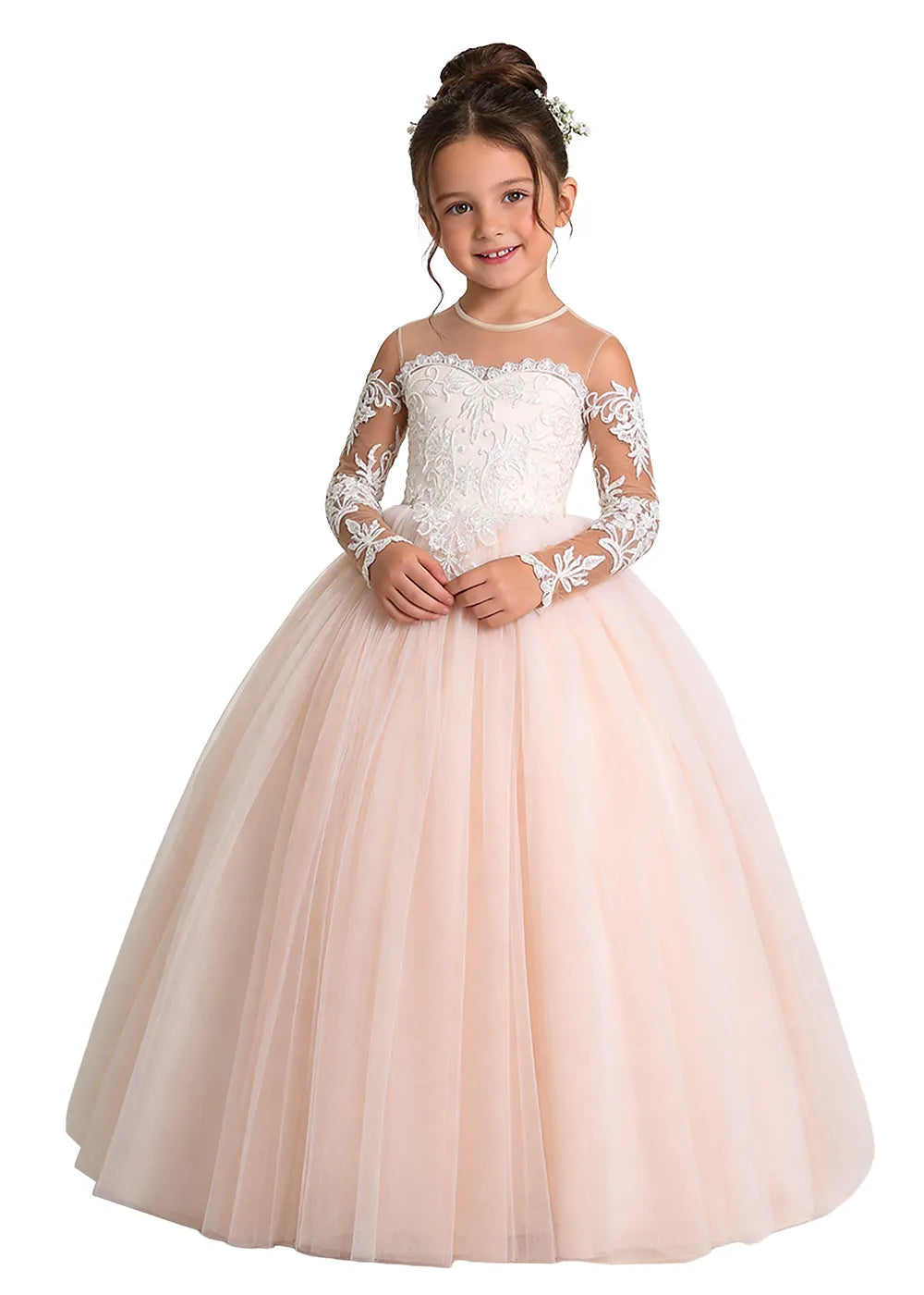 Long Sleeve Illusion Lace Tulle Flower Girl Gown