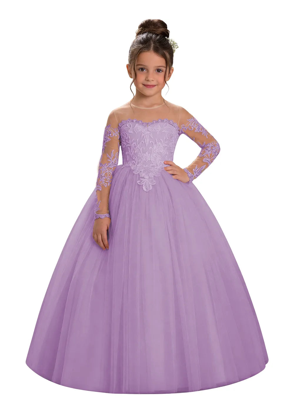 Long Sleeve Illusion Lace Tulle Flower Girl Gown