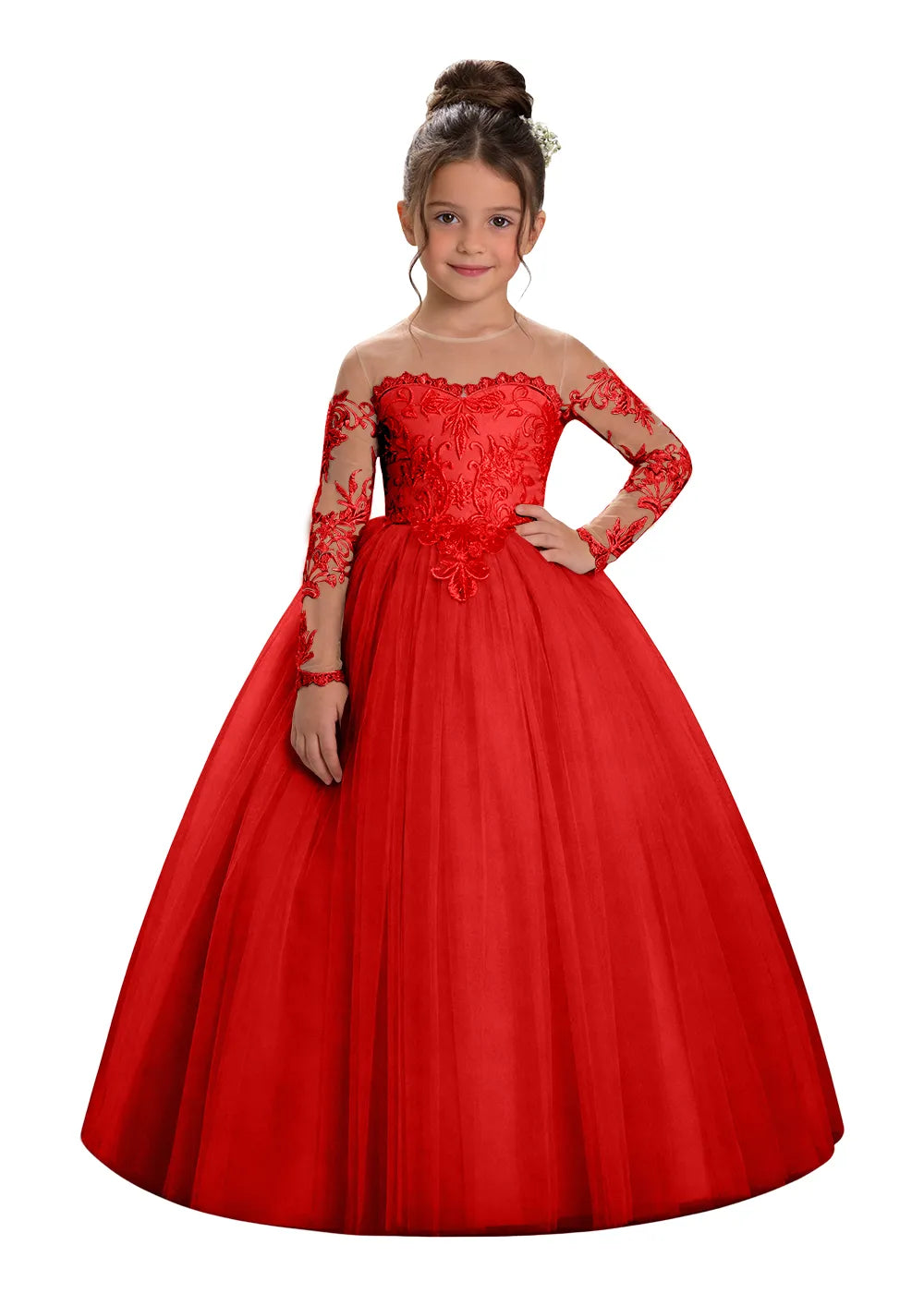 Long Sleeve Illusion Lace Tulle Flower Girl Gown
