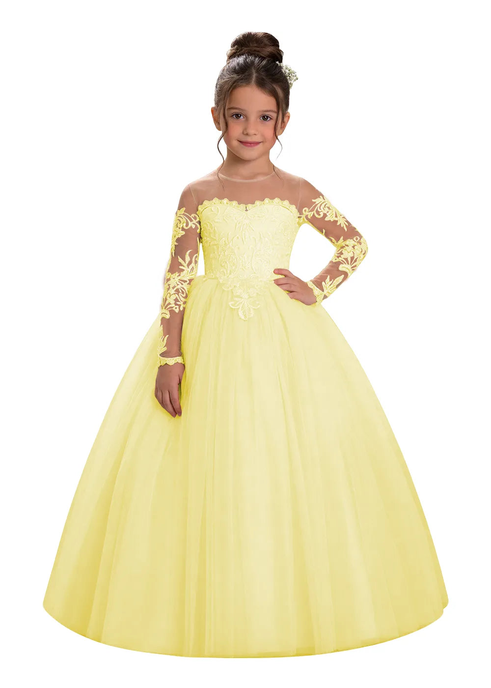 Long Sleeve Illusion Lace Tulle Flower Girl Gown