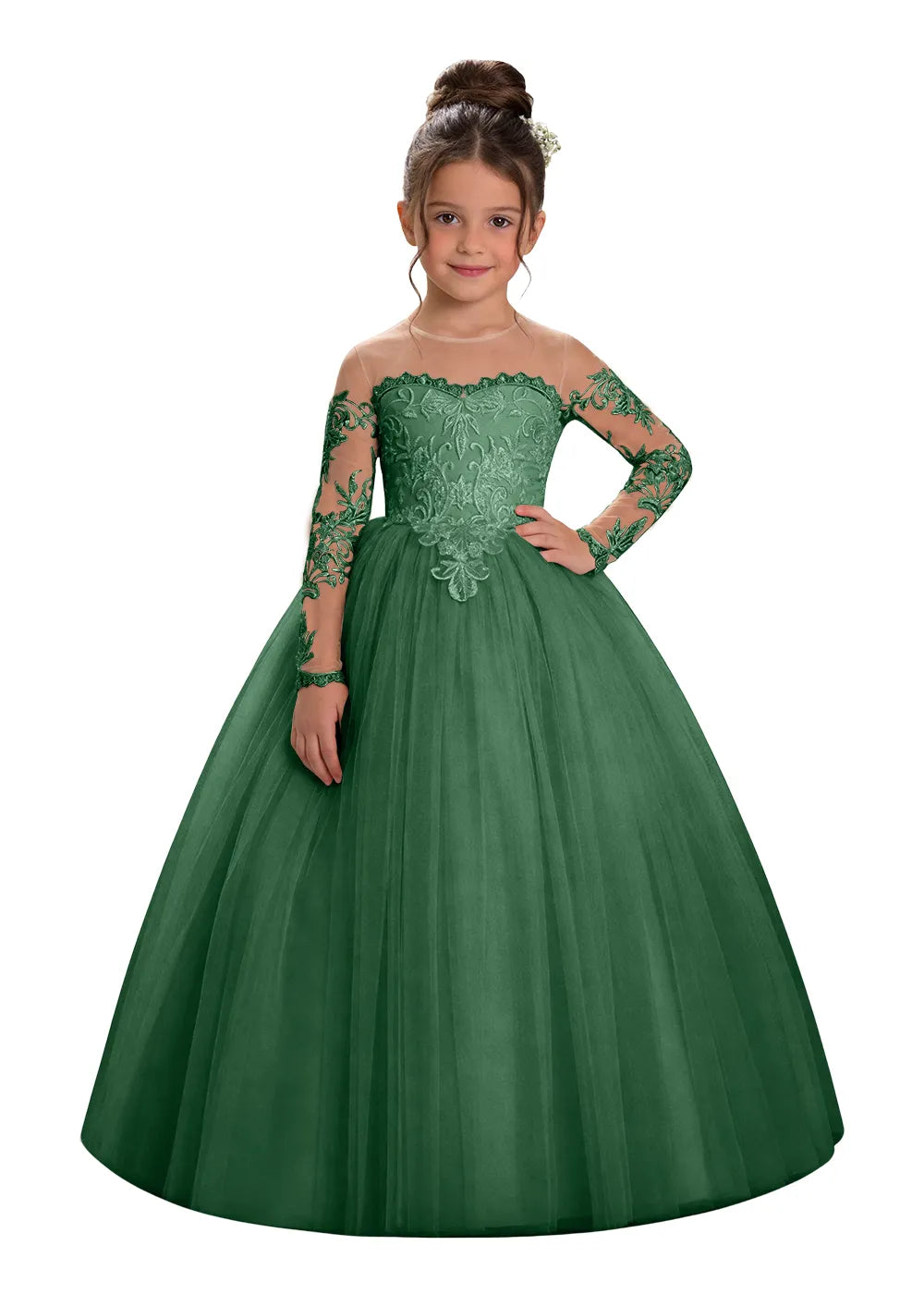 Long Sleeve Illusion Lace Tulle Flower Girl Gown