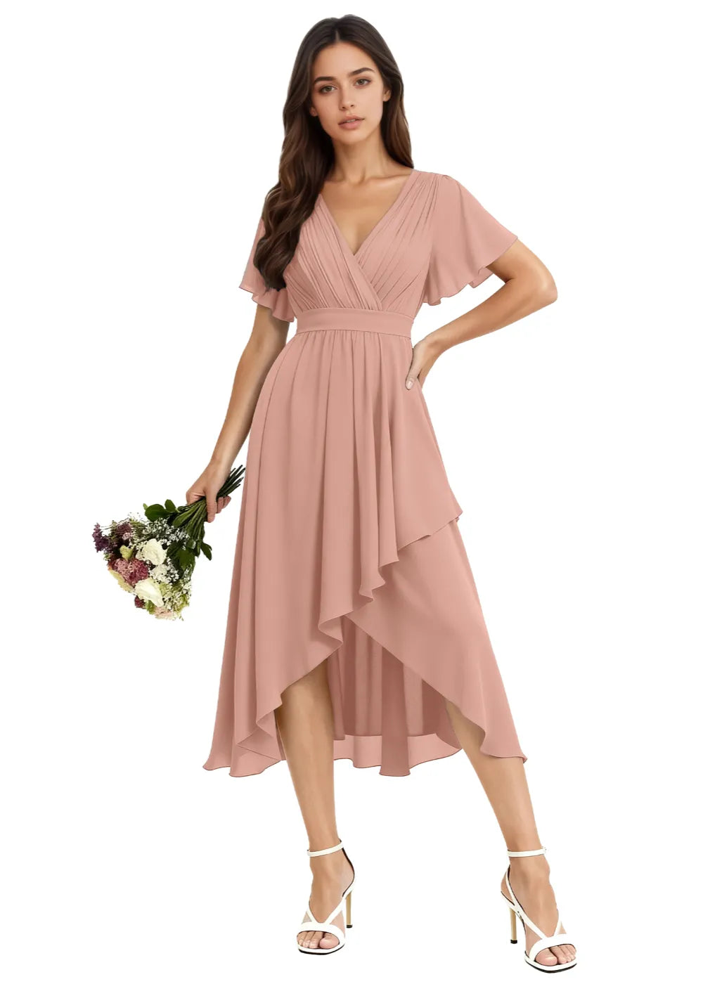 Modest Flutter Sleeve Chiffon Dress – Mother of the Bride Midi Gown