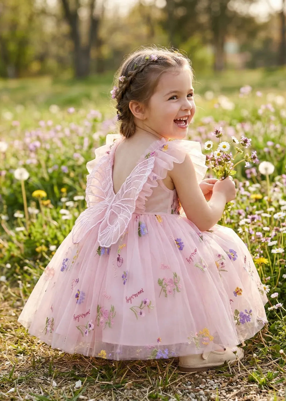 Toddler Fairy Wing Flower Girl Tulle Dress