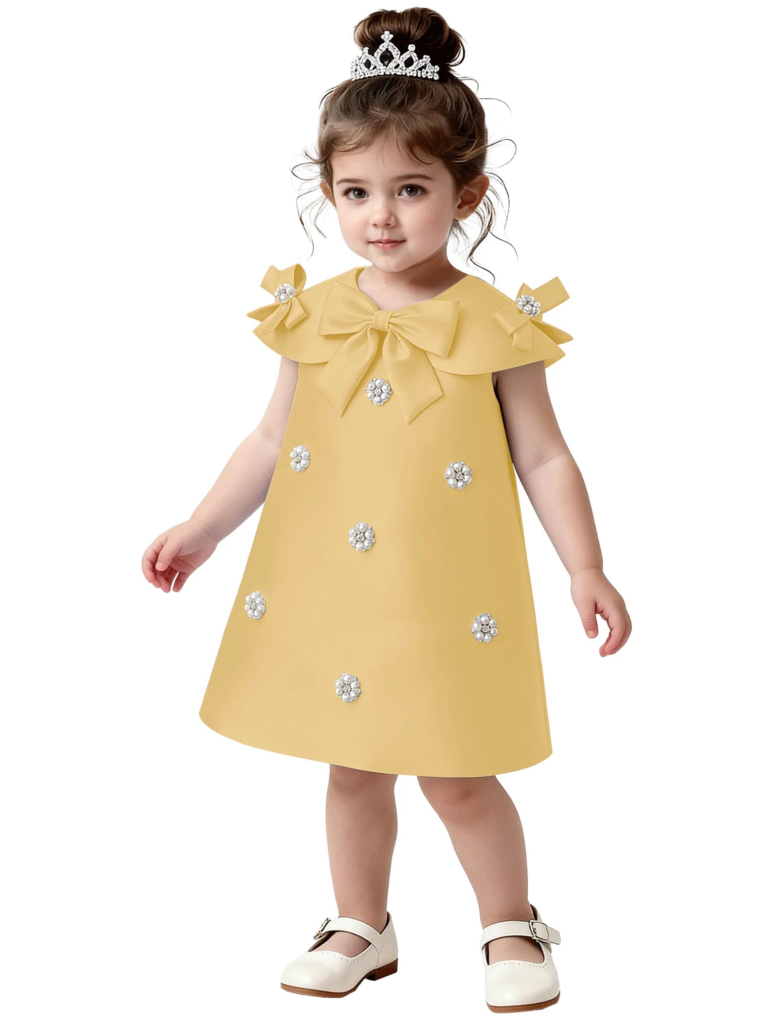 Toddler Satin Bow Dress with Pearl Flower Embellishments
