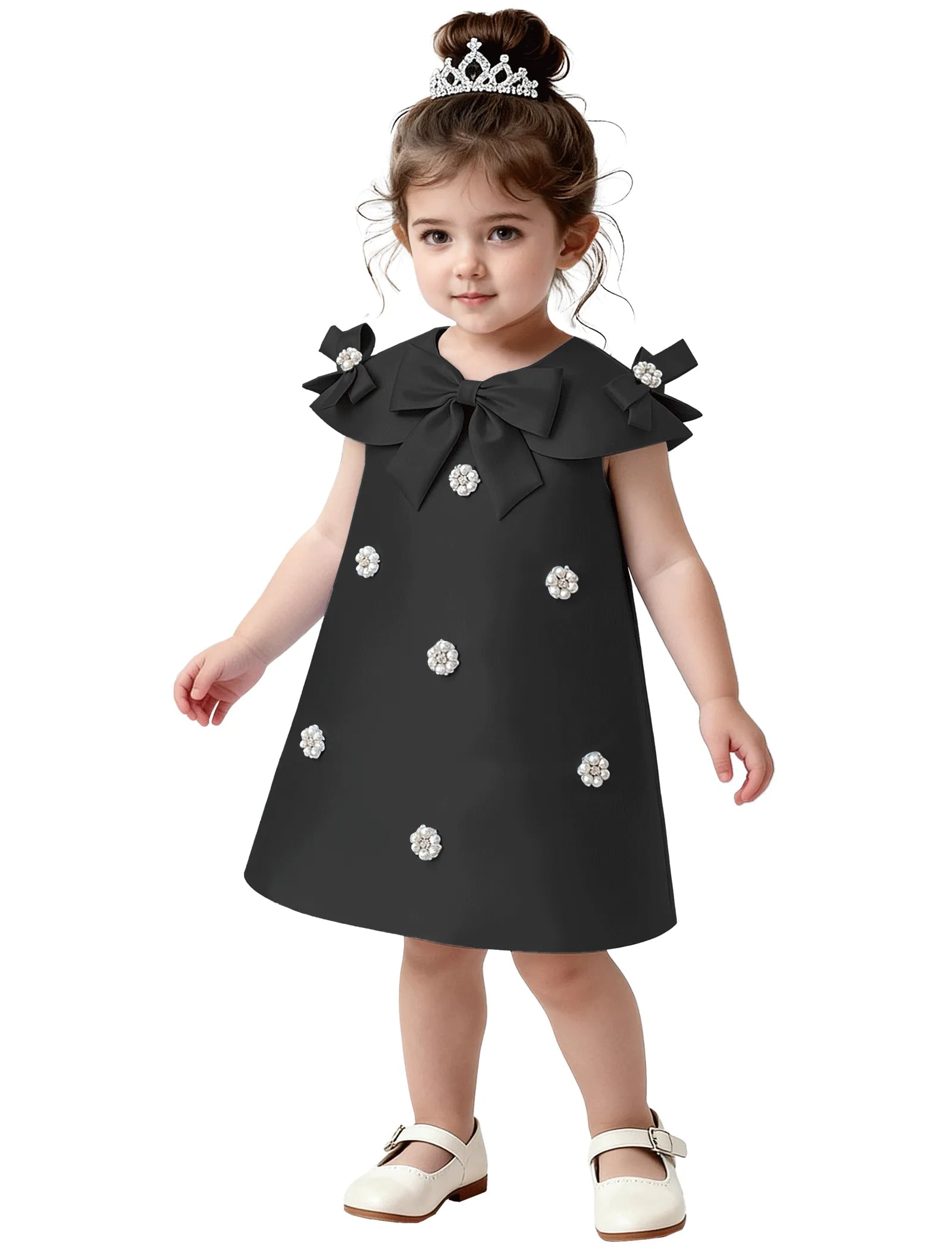 Toddler Satin Bow Dress with Pearl Flower Embellishments
