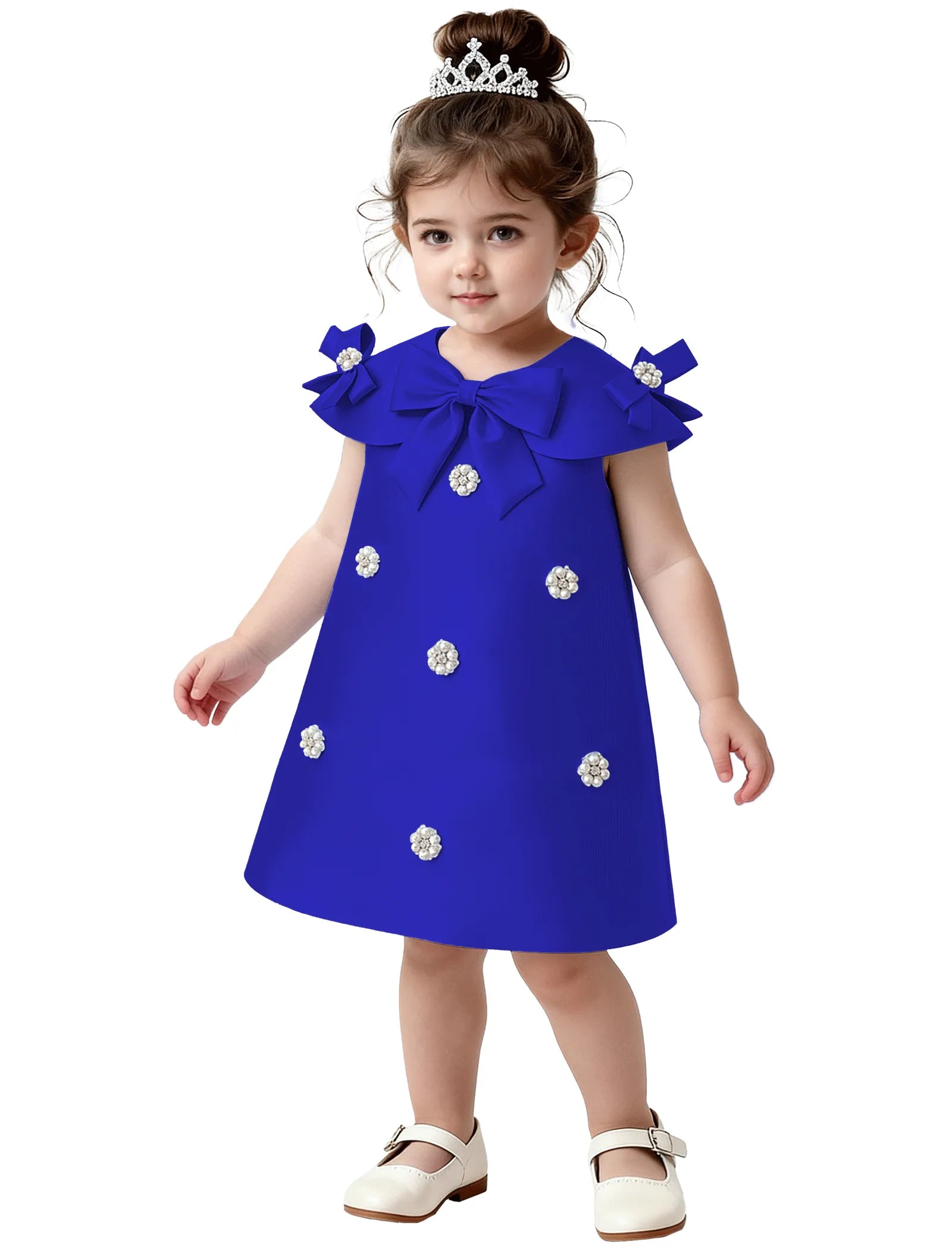 Toddler Satin Bow Dress with Pearl Flower Embellishments