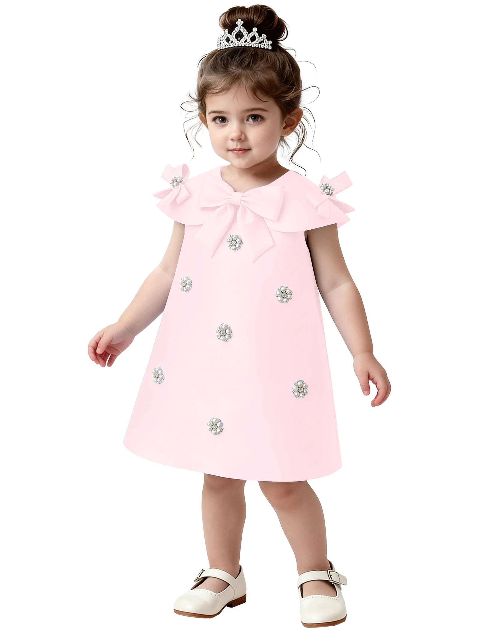 Toddler Satin Bow Dress with Pearl Flower Embellishments