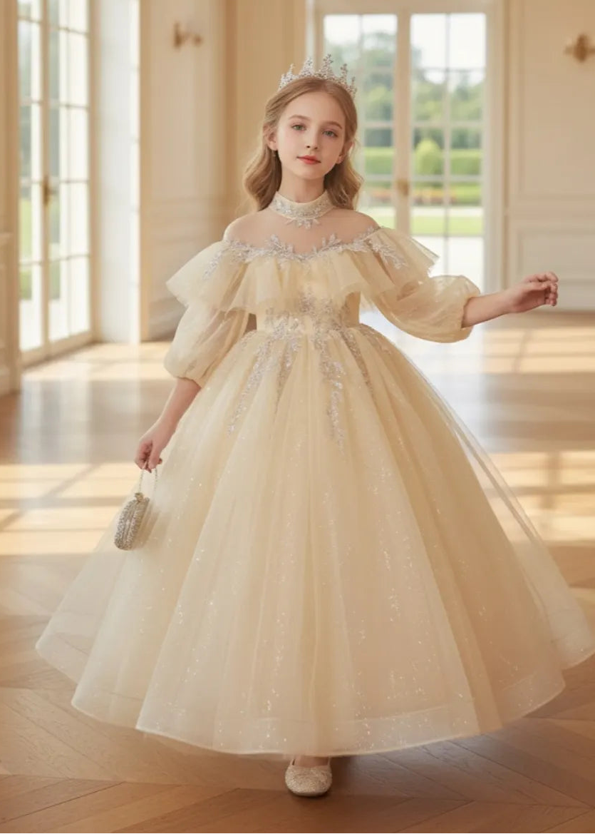 Elegant Girls Party Dress with Balloon Sleeves and Princess Skirt | Fynony